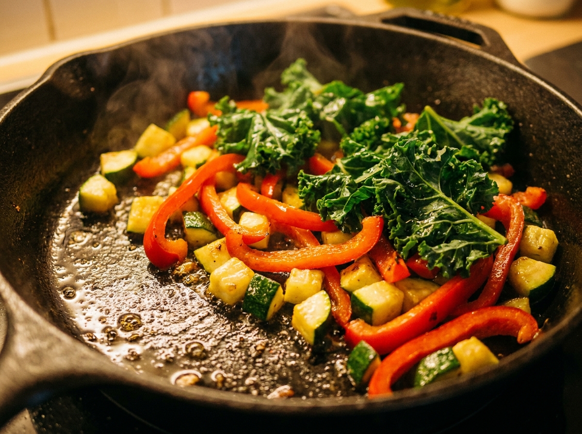 Peppers, zucchini and kale in a cast-iron skillet