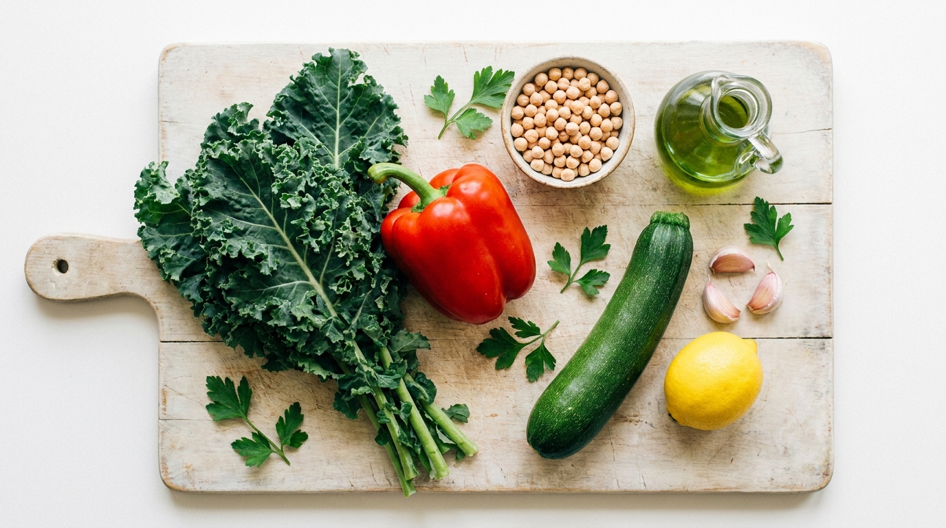 Kale, red pepper, zucchini, chickpeas, lemon, garlic, olive oil and parsley on a board