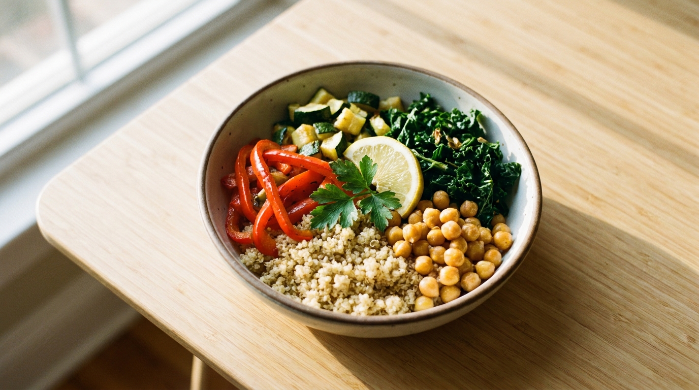 The finished Alkaline Garden Bowl: quinoa, peppers, zucchini, kale, chickpeas and lemon